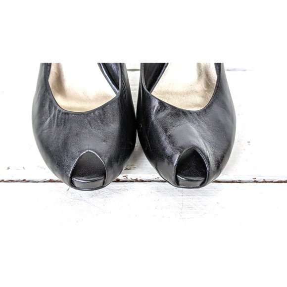 Jessica Simpson black leather high heel platform peep toe stilettos heels - Picture 3 of 7